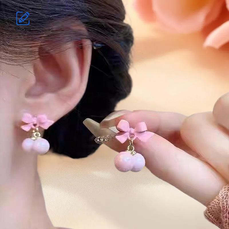 ONew Hàn Quốc Ngọt Ngào Hồng Nơ Bông Tai Nữ Aretes Bé Gái Thiết Kế Thời Trang Quyến Rũ Hạt Tròn Thả 