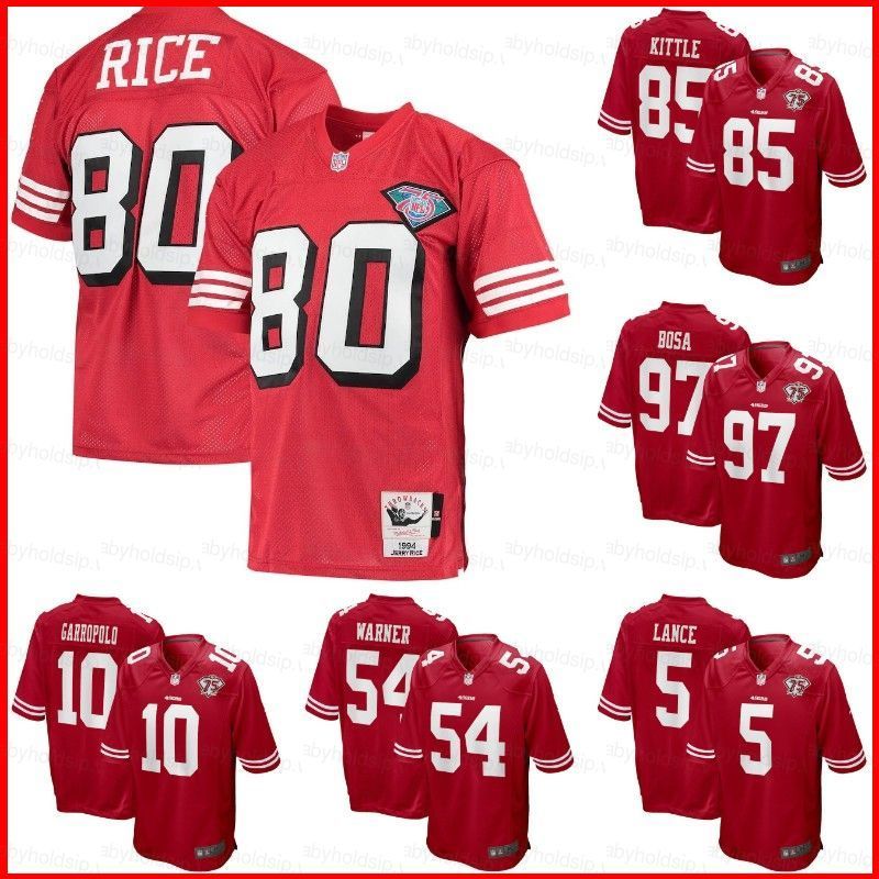 Áo bóng đá chính thức của San Francisco 49ers, bao gồm các mẫu của Rice, Lance, Warner, Bosa và Kitt
