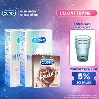  Bộ 2 hộp bao cao su Durex Invisible siêu mỏng  52mm,10 bao hộp +1 Durex Naughty Chocolate hương choco  52mm,3 bao hộp  