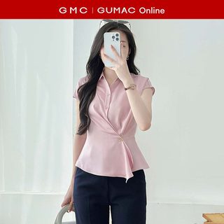   TẶNG QUÀ ĐƠN 499K  Áo sơ mi nữ GUMAC tay ngắn có vạt đắp chéo kèm đính nút kim loại cách điệu LAF1104 