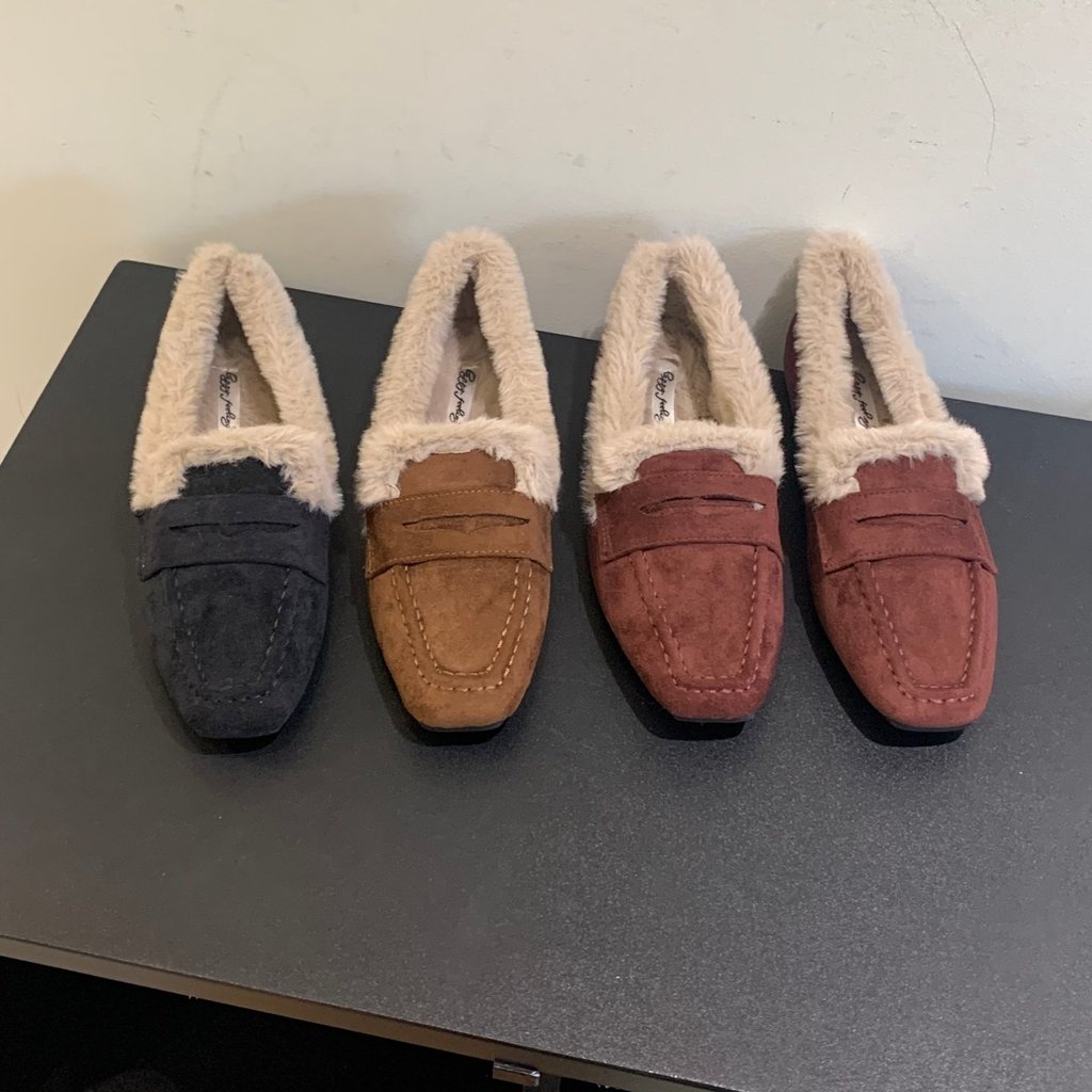 [Lamode] Giày Cotton Nữ Giày Đậu Hà Lan Nữ Giày Đế Bằng Mùa Thu Đông 2024 Lót Lông Cừu Thời Trang Ấm