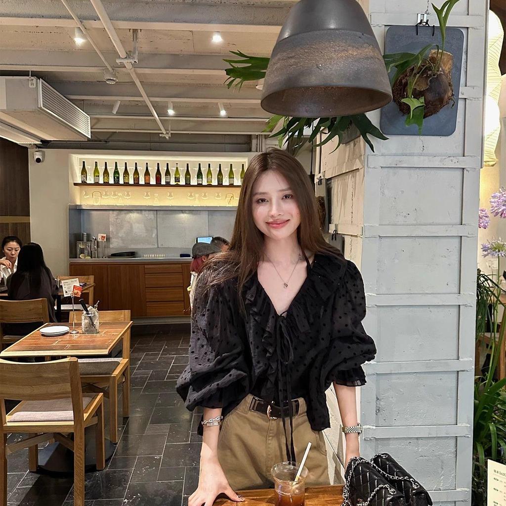 Áo sơ mi voan xù màu đen chấm bi tay phồng - MUXI