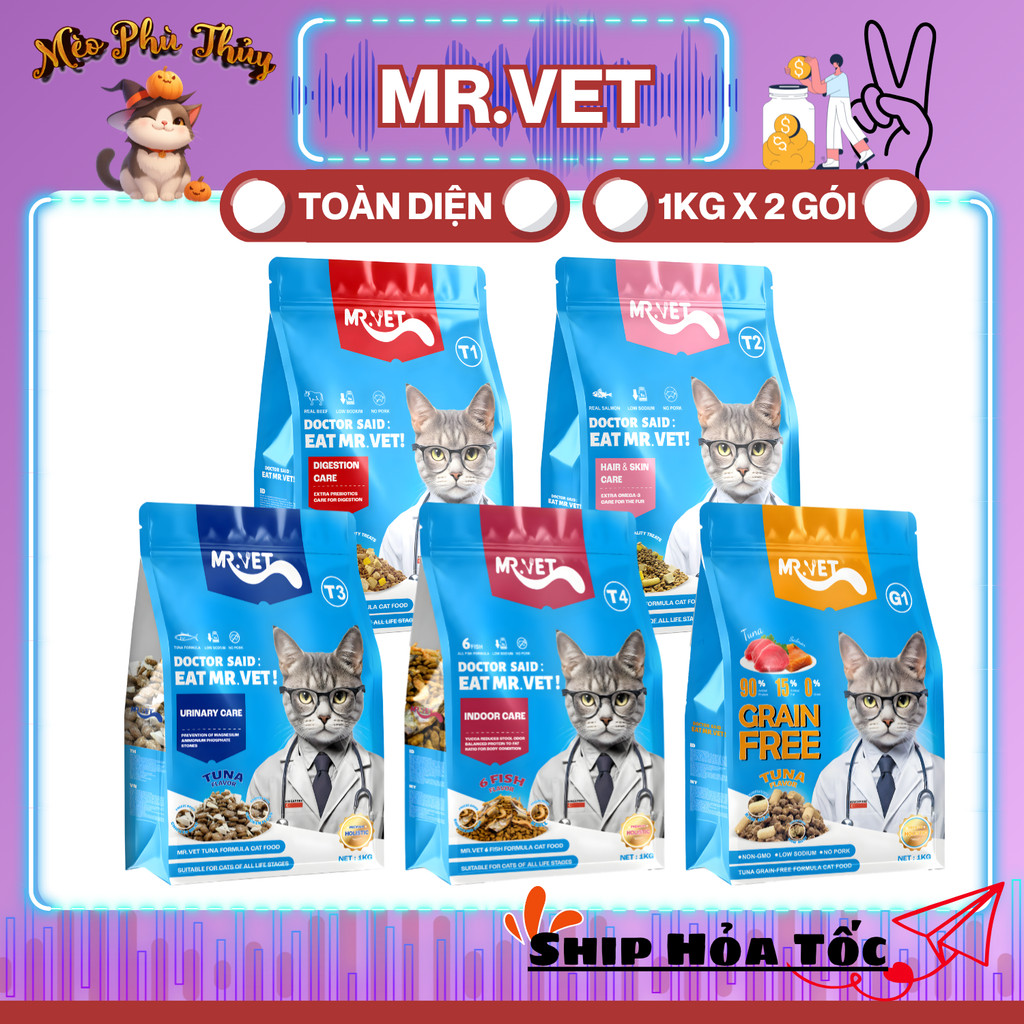 MRVET / Mr Vet (Combo 2gói x 1kg )Thức Ăn Cho Mèo  Mr.Vet - Hạt Topping Cao Cấp T1, T2, T3, T4, G1