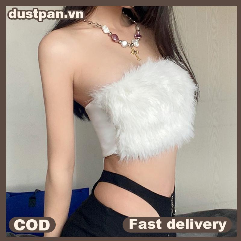 DUSTPAN Crop Fur Chắp Vá Ống Top Dành Cho Nữ Quấn Ngực Gợi Cảm Hottie Vest.