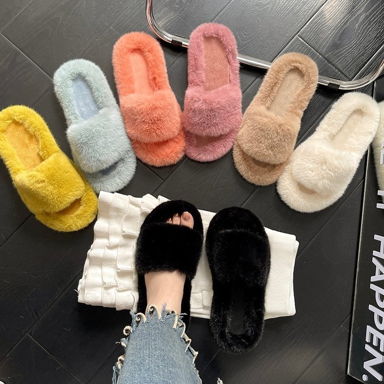 Flat Casual Home Outer Wear 2025 Thu Đông Furry Dép Nữ Đơn Giản Niche Furry Dép