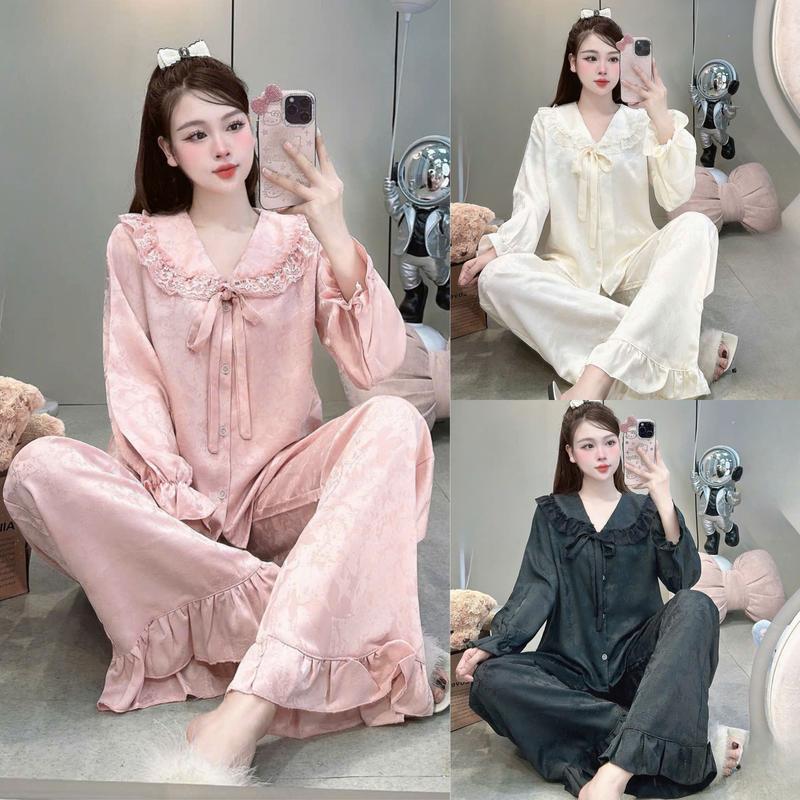[DEAL MỞ BÁN] Bộ Ngủ Mặc Nhà JUSOKA lụa GẤM Cao Cấp Siêu Xinh họa tiết in chìm Dễ Thương Dành Cho Nữ
