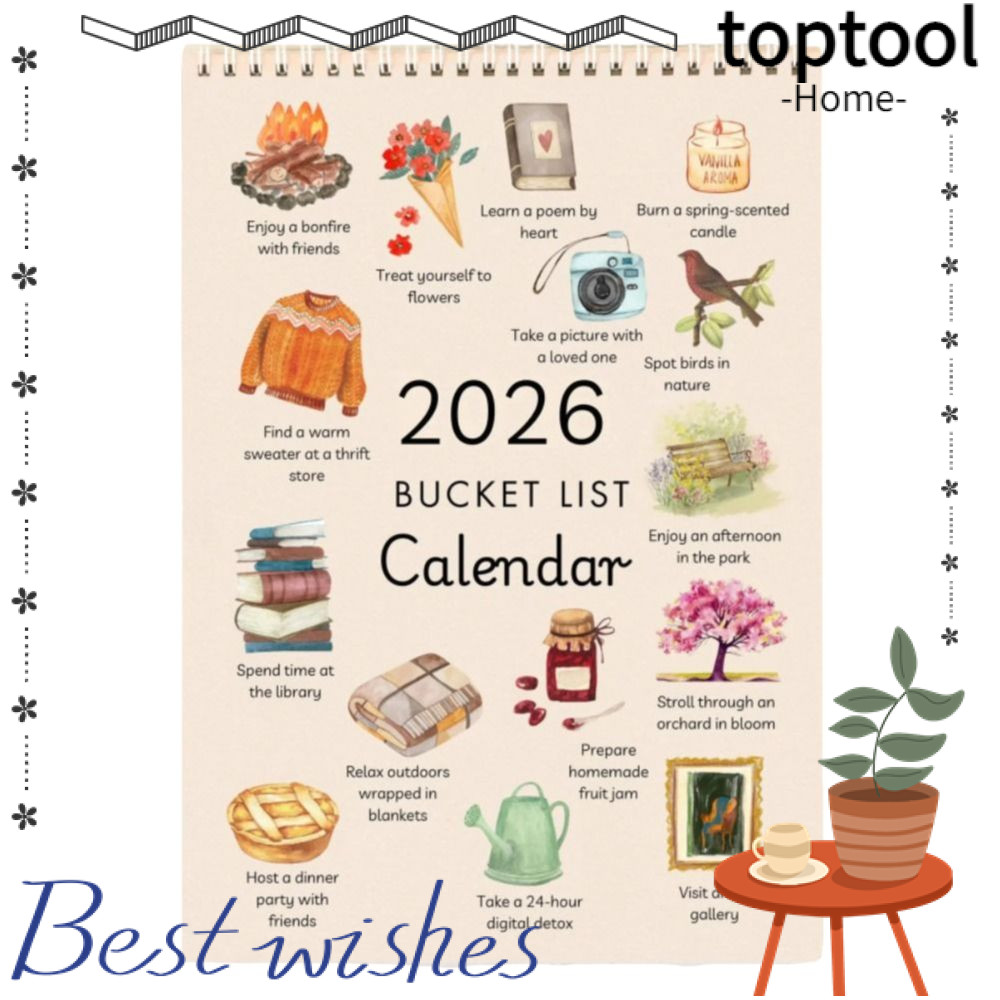 TOPTOOL Bucket List Lịch, Ghi chú Lập kế hoạch Lịch treo tường đầy màu sắc 2026, Danh sách mong muốn