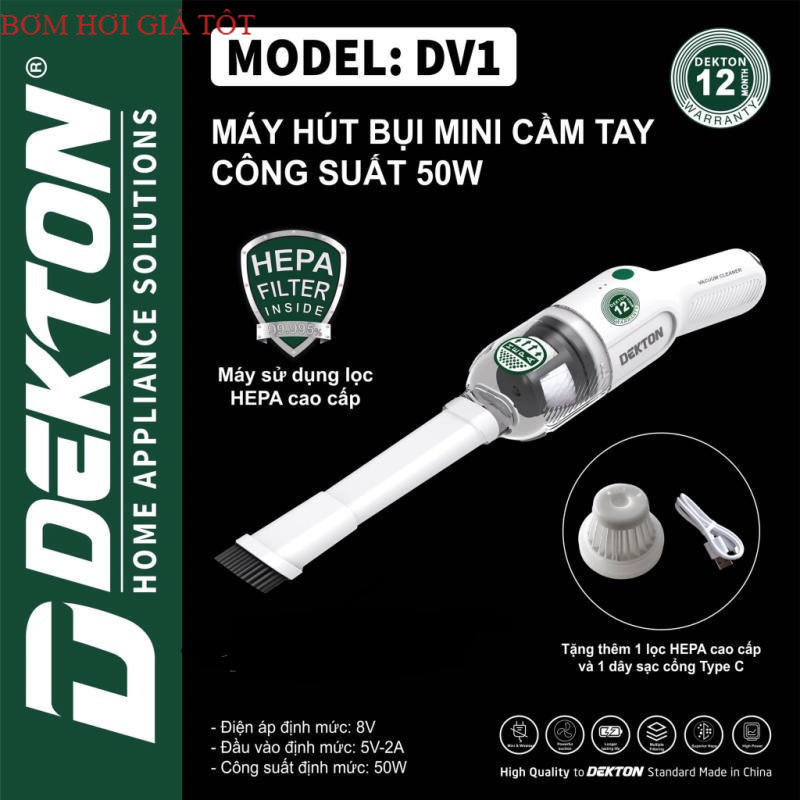 Máy hút bụi pin mini DEKTON DV1, Công suất 50w, Nhỏ gọn, hiện đại, Tặng Kèm 1 Lọc Bụi Bơm hơi dekton