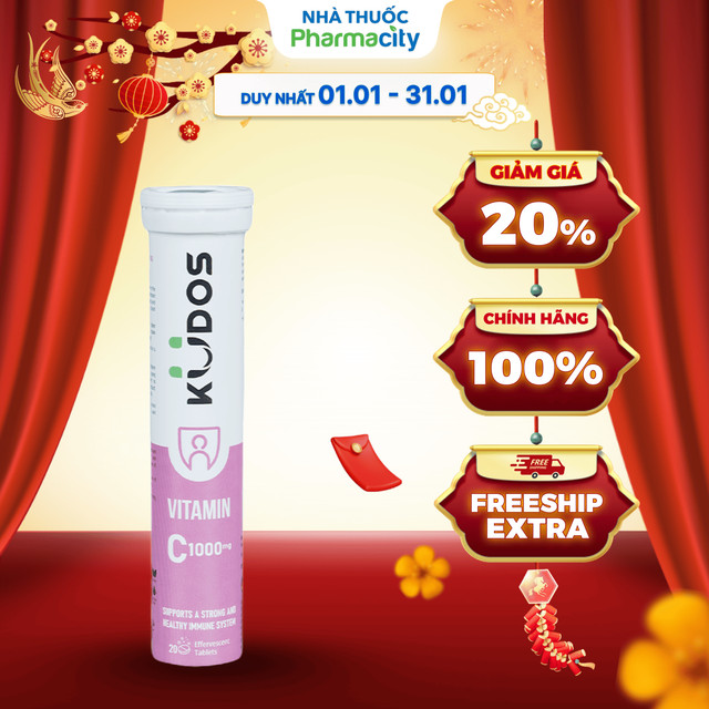 Viên sủi KUDOS Vitamin C 1000mg Water Melon hương dưa hấu bổ sung vitamin C cho cơ thể (20 viên)