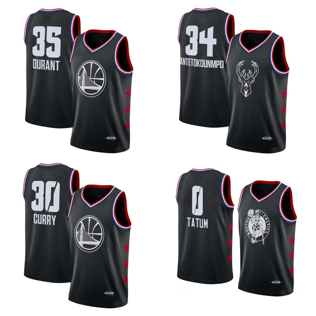 Áo bóng rổ mùa giải 2019 với logo các ngôi sao như Tatum, James, Durant, Irving, Curry, Doncic và Da