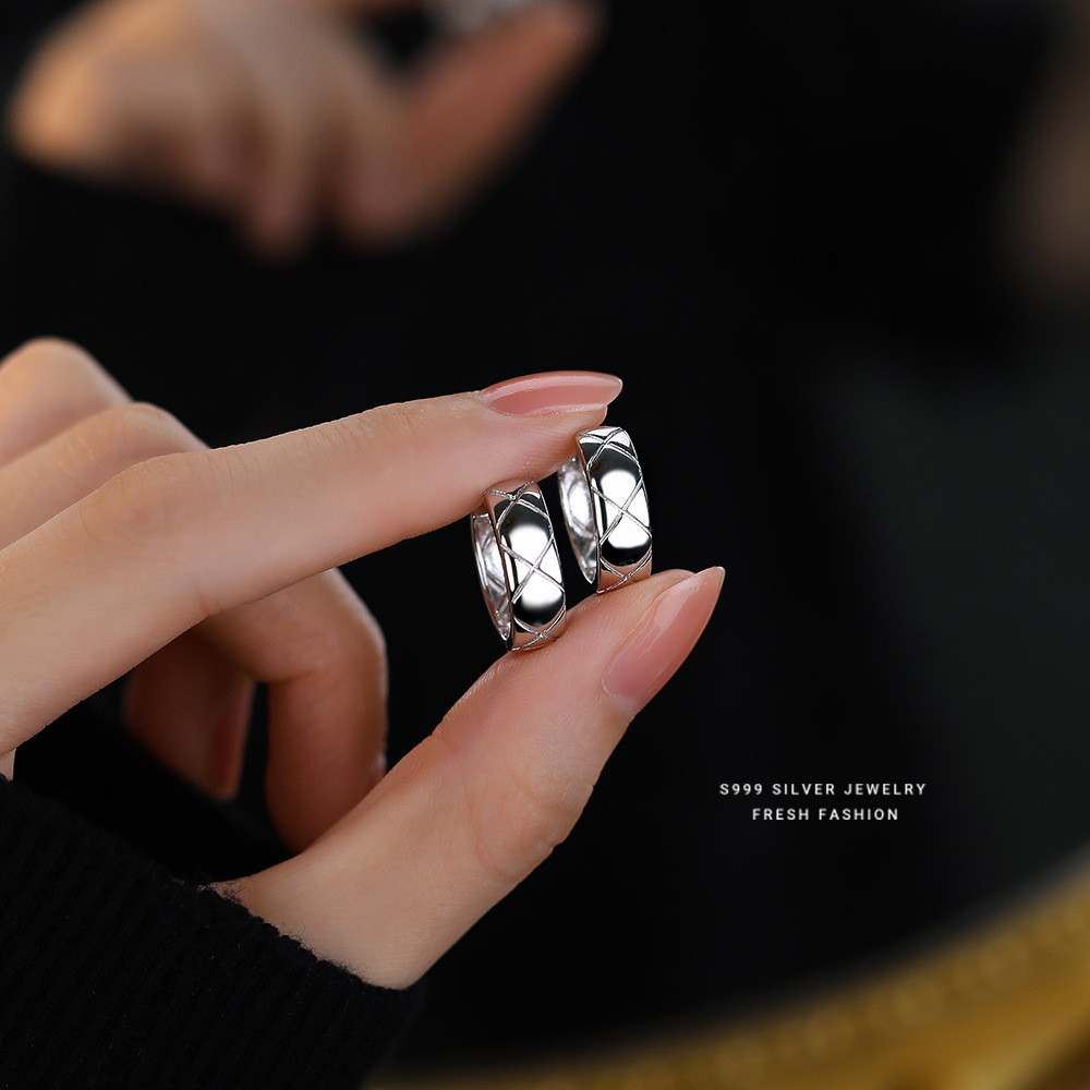 Whole Body s999Pure silver earrings plated18k White gold diamond-free rhombus earrings CNC Exquisite