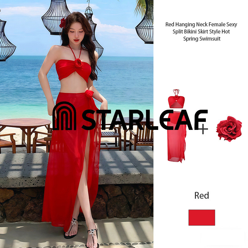 Bộ Bikini Gợi Cảm 3 Món Có Đính Ren Thắt Dây Dành Cho Nữ, Bộ Bikini Đỏ Xuân/Hè.