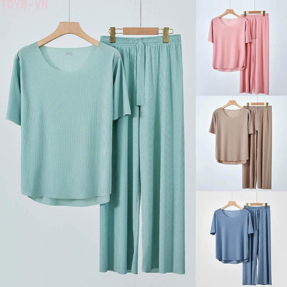 【TOYBOX】Thin Ice Silk Pajama Set Two Piece for Couple Men Women Summer Homewear