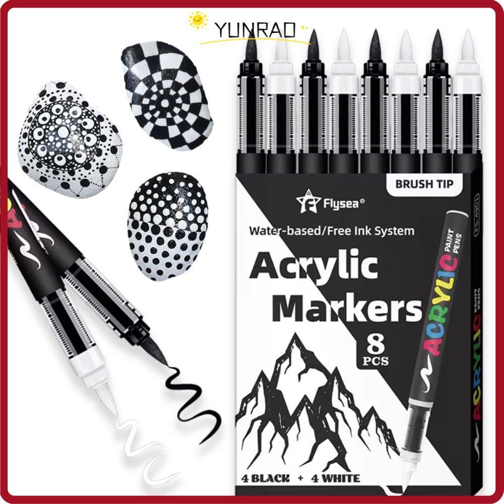 YUNRAO 8 chiếc Bút đánh dấu sơn Acrylic, Đầu mềm màu đen trắng Bút đánh dấu mực dung tích lớn, DIY C