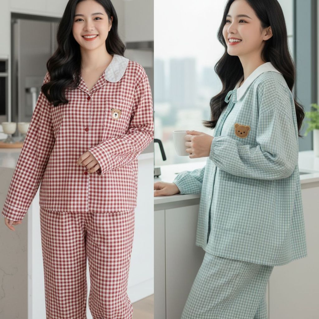 Bộ Pijama Nữ Tay Dài Big Size LIMO Đồ Ngủ Tiểu Thư Kẻ Sọc Caro Cổ Bẻ Thêu Gấu Dễ Thương Chất Đũi  Đồ