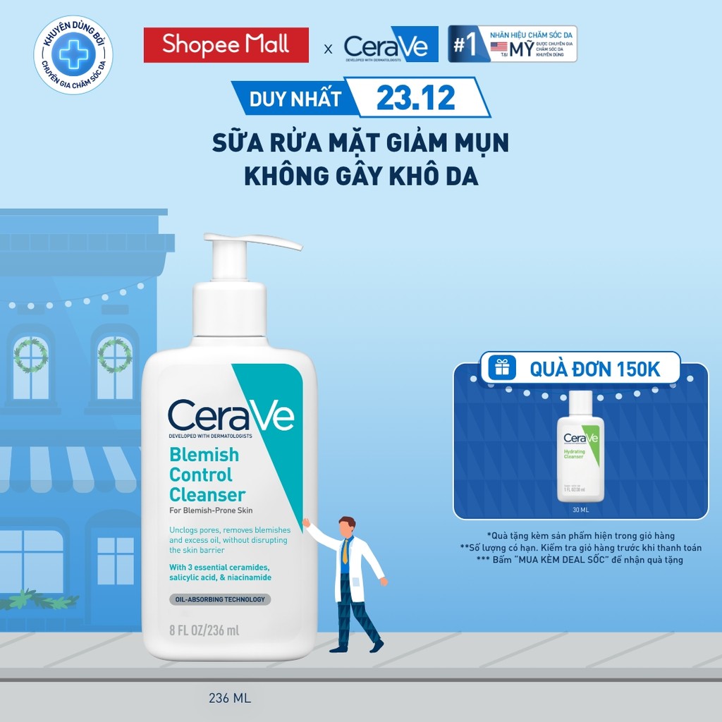 Sữa rửa mặt giảm mụn không gây khô da, không gây tổn hại bảo vệ hàng rào da - CeraVe Blemish Control Cleanser 236ml