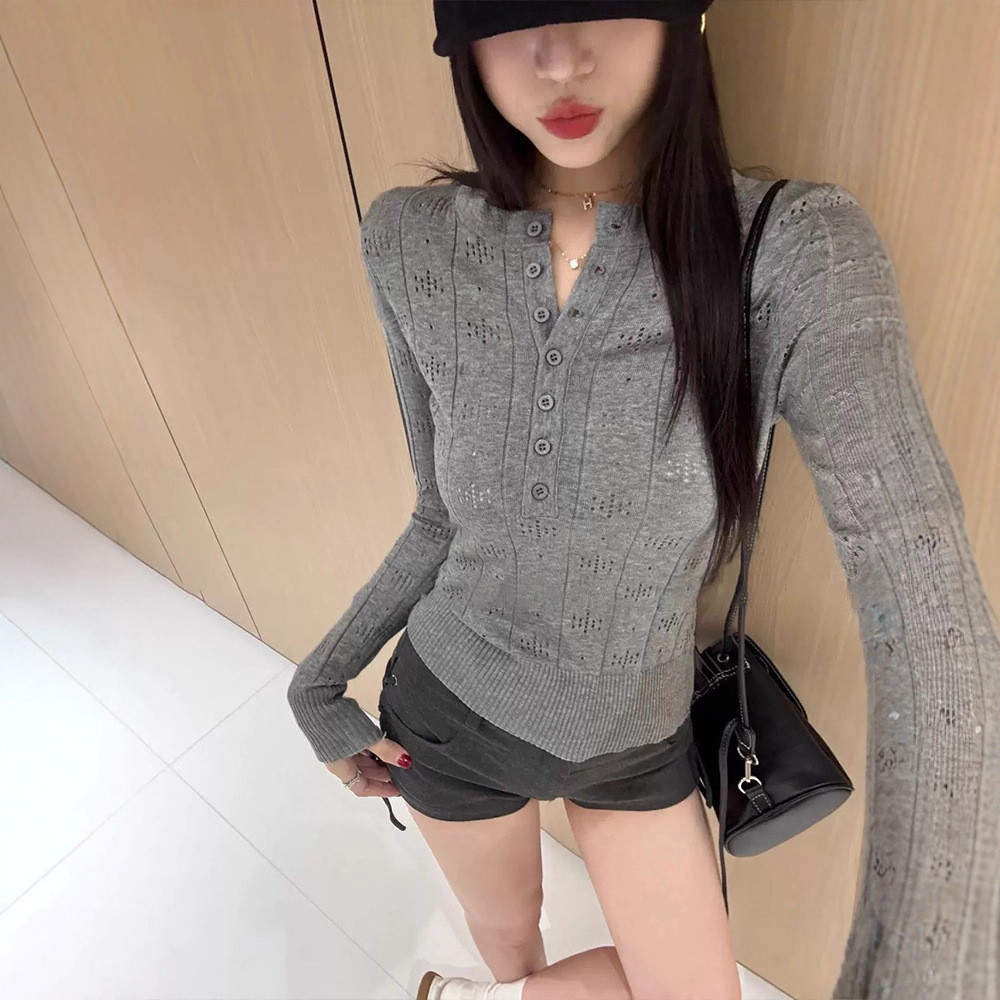 Moses Queen - Áo Len Mỏng Retro Dài Tay, Cổ Nửa Mở Phong Cách Thời Trang