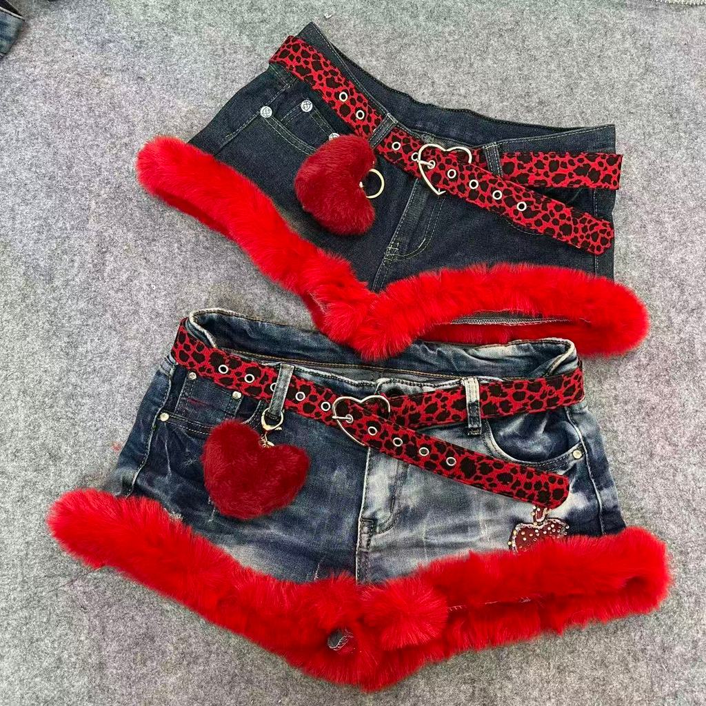 Quần short denim màu đỏ ngẫu nhiên, style thời trang Y2K,raw edge, trendy vintage