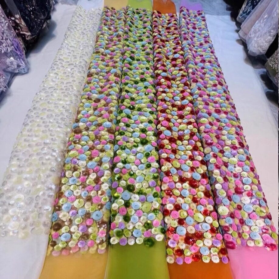 N91 Nhiều Màu Sắc Sequin Đĩa Hoa Thêu Ba Chiều Gạc Vải Ren