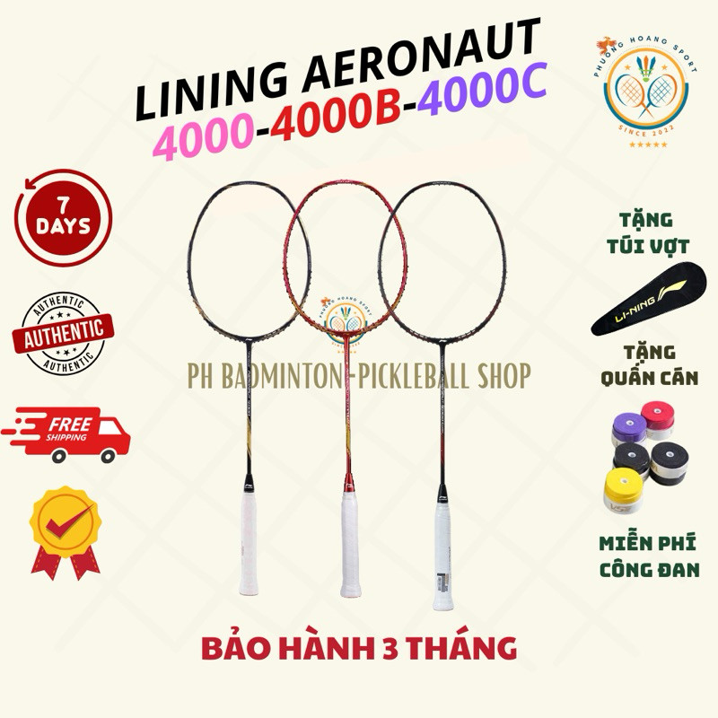 [Đan-Tặng túi+quấn] Vợt Cầu Lông Lining Aeronaut 4000-4000B-4000C Chính Hãng, BH 3 Tháng