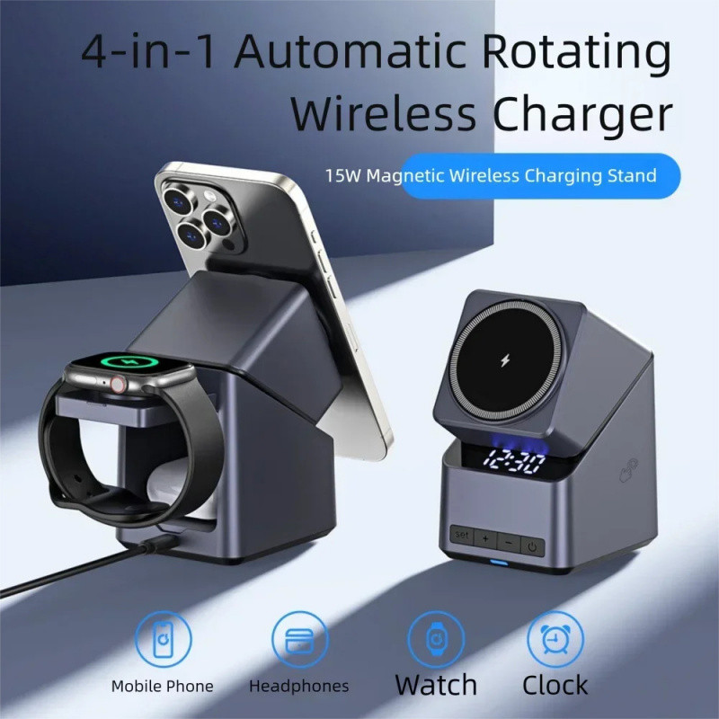 Magnetic 4-IN-1 Wireless Charger Stand Desktop Clock For iPhone 17 16 15 14 13 For iWatch 10/9/8/7/6