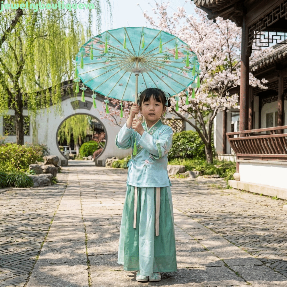 Ô Cổ Trung Quốc JEWE, Ô Tua Rua Vải Phong Cách Trung Quốc 56cm, Ô Tua Rua Chống Gió Trang Trí Cổ Điể
