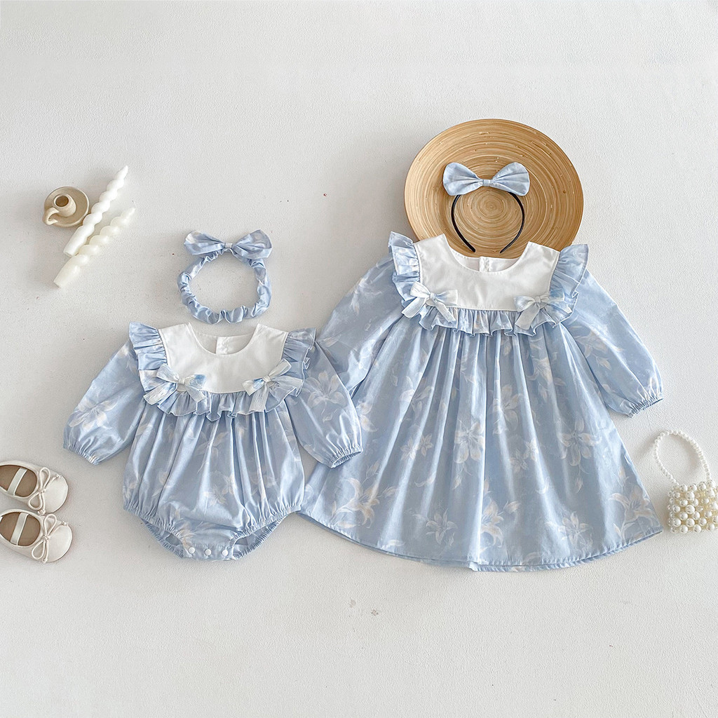 [Popular] 2026 New Baby Clothes Baby Girl Sweet Onesie Blue Bow Dress Girl Spring Sisters Outfit qWf