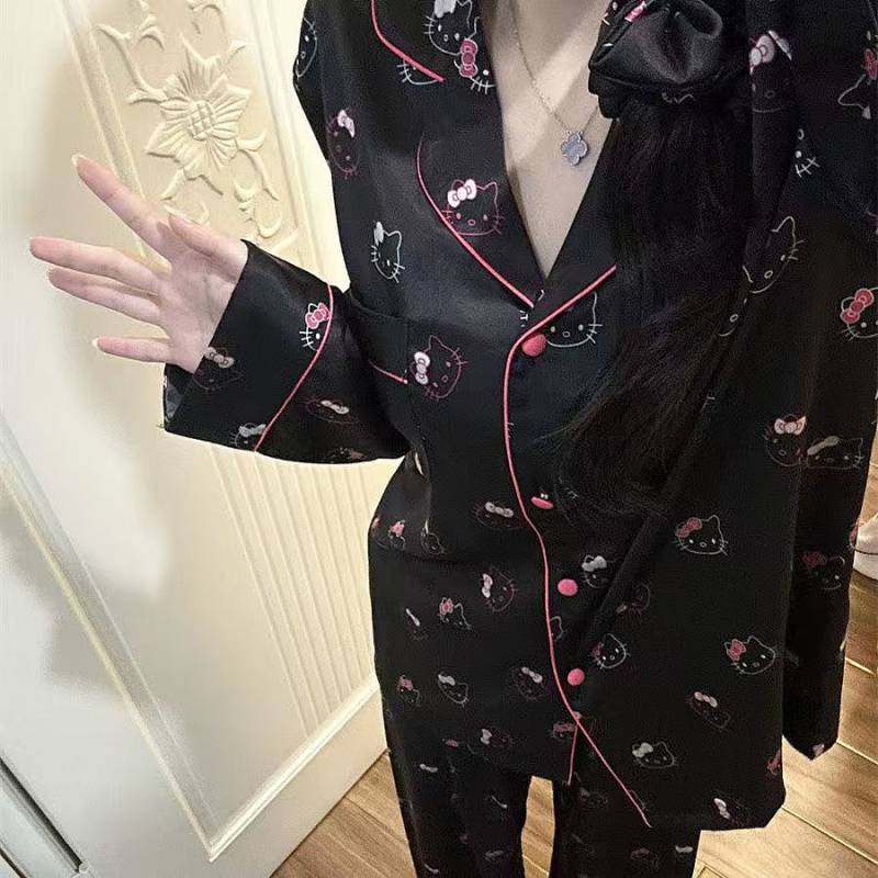 Pajamas Women's Spring and Autumn Ice Silk Long Sleeve Trousers Cool Suit Summer Thin Women's Cute C