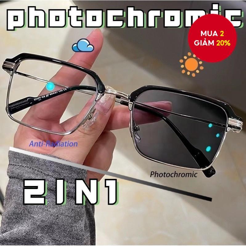 Kính Photochromic Hàn Quốc Unisex Vuông Kim Loại Chống Ánh Sáng Xanh Kính Mát UV