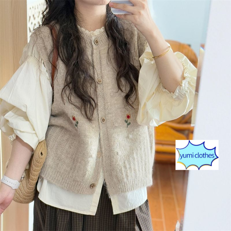 Áo len vest dệt hoa retro phong cách Pháp nhẹ nhàng cho nữ sinh, mặc nhiều lớp, áo sơ mi màu mơ, bộ hai món