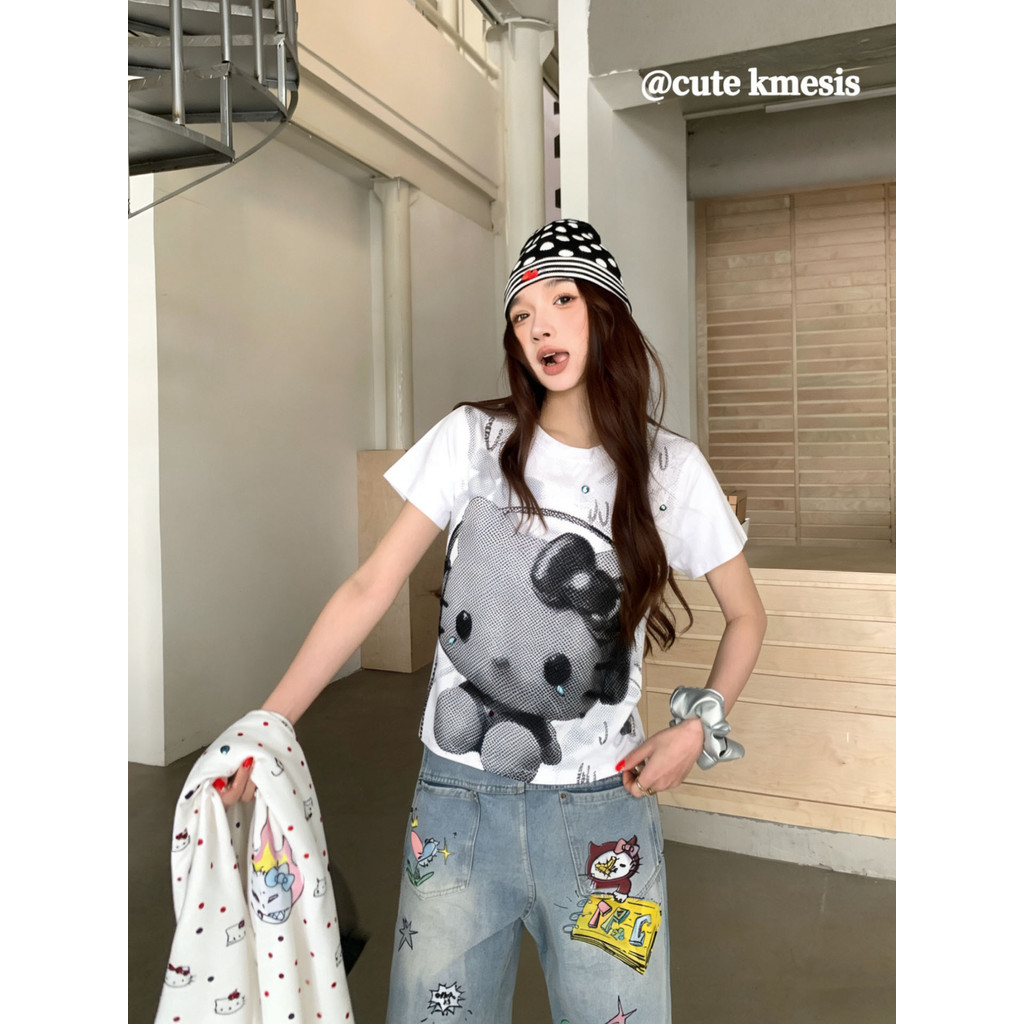TQYY Kitty Cartoon-style black and white cat large print short-sleeve shirt T Women's summer loose-f