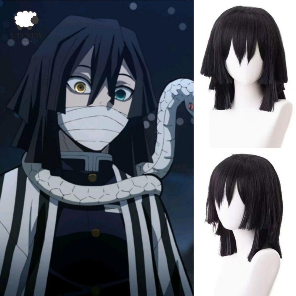 Tóc giả cosplay Iguro Obanai Kimetsu no Yaiba, màu đen ngắn thẳng chịu nhiệt