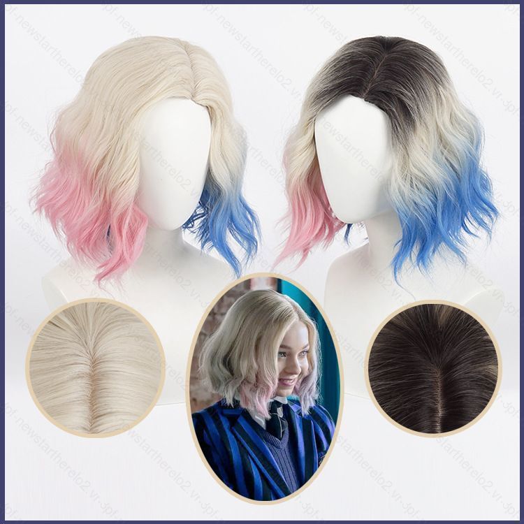 Tóc giả cosplay ngắn The Addams Family - Enid Sinclair, màu be xanhgradient, lông tơ chịu nhiệt