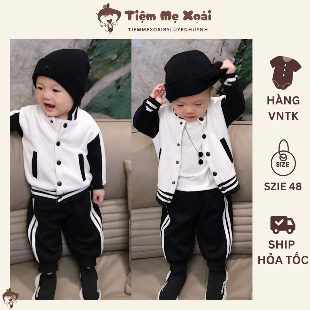 Set áo khoác bomber đen trắng chất đẹp cho bé trai