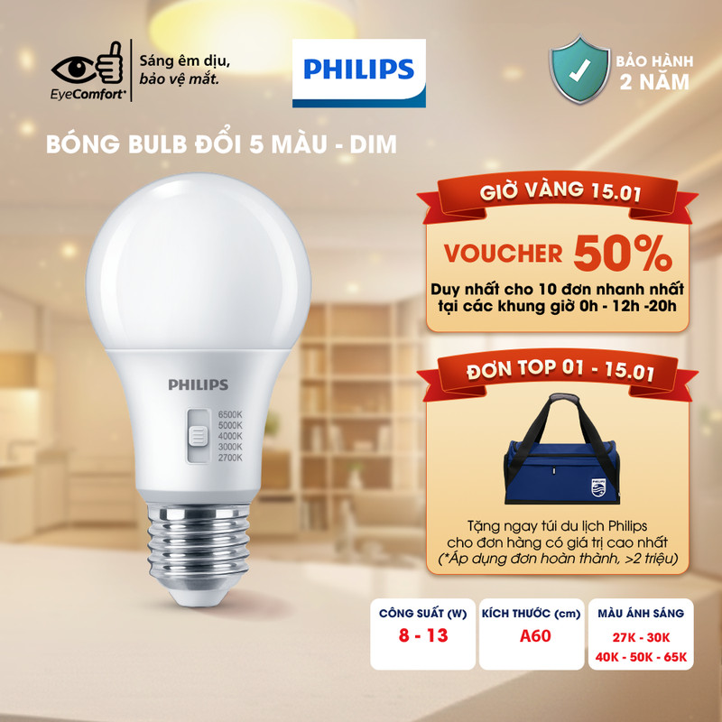 Bóng đèn LED PHILIPS Bulb A60 DS FR DIM thay đổi nhiệt độ màu + bảo vệ mắt - Công suất (8W, 13W)