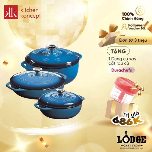 Nồi gang phủ men Lodge màu xanh dương nhạt