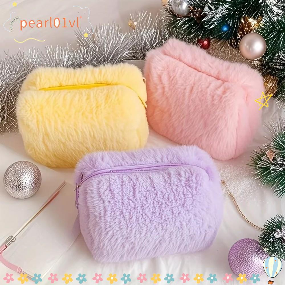 PEARL01 Velvet Plush Makeup Bag, Puffy Large Capacity Cosmetic Storage Bag, Cute Soft Fur Portable T