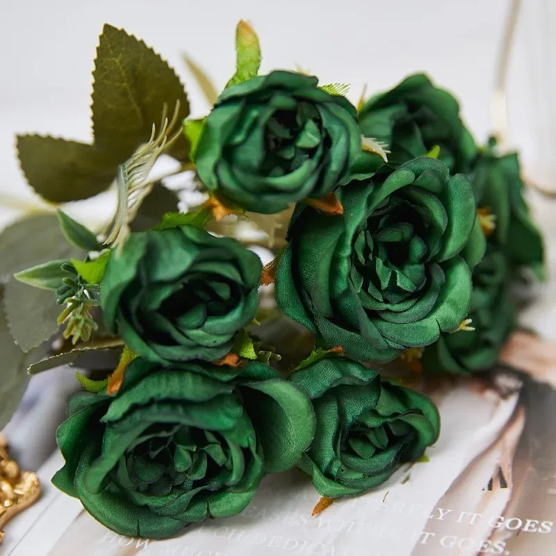Vintage 8 Đầu Nhân Tạo Hoa Lụa Hoa Mẫu Đơn Hoa Hồng Xanh Để Trang Trí Giả Fower Bàn Cưới Phòng Tiệc 