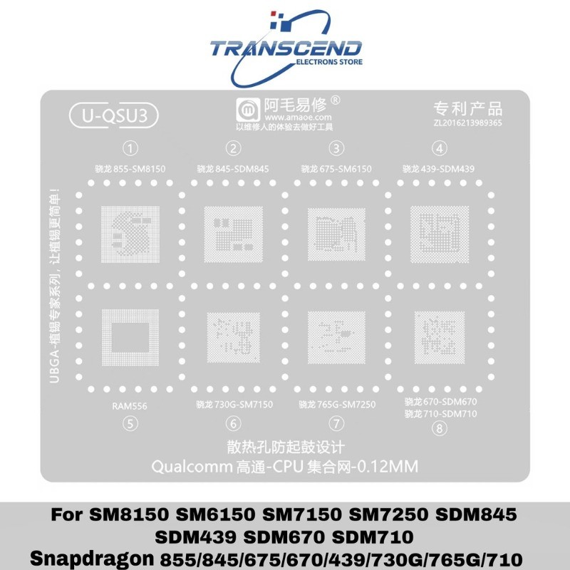 BGA Reballing Stencil Cho Qualcomm series CPU SM6150 SM7150 SM7250 SM8150 SDM845 SDM439 SDM670 SDM71