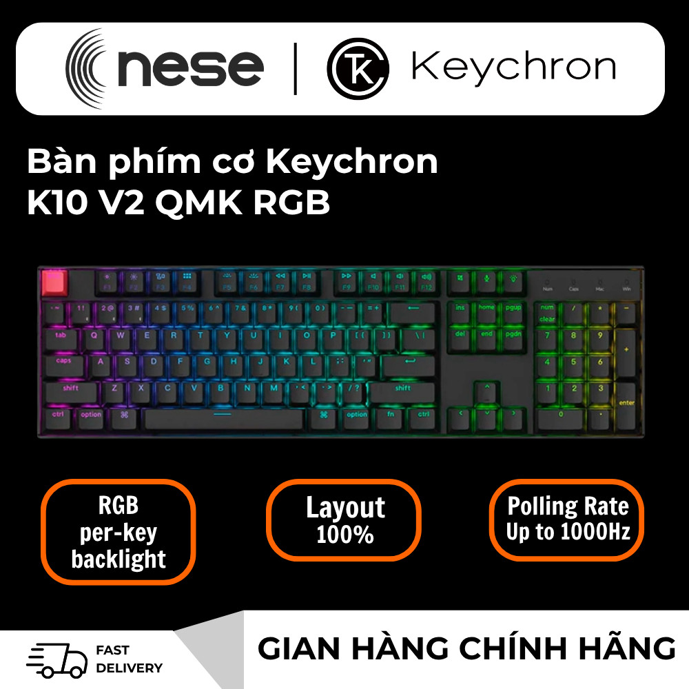 Bàn Phím Cơ Keychron K10 V2 QMK Wireless RGB 100% US Layout (K10X) Mechanical Keyboard