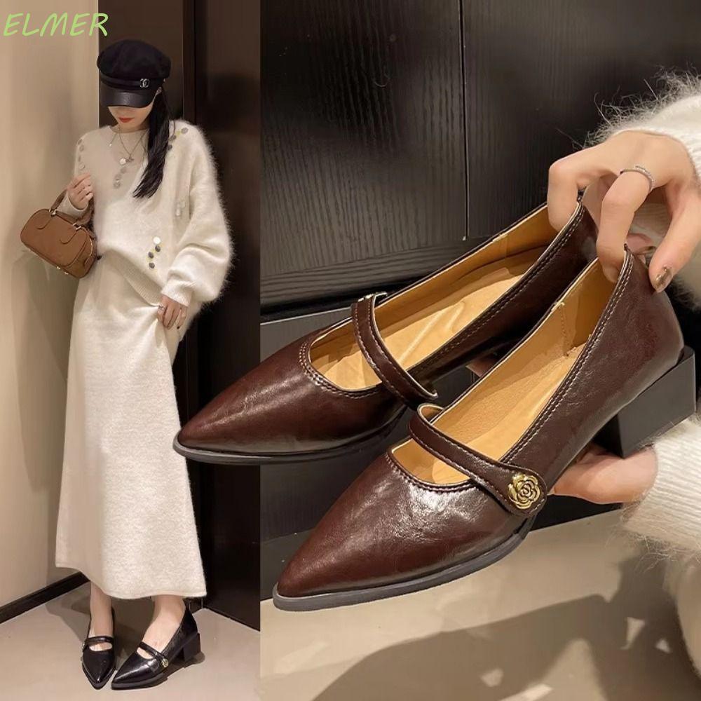 Giày Cao Gót Mũi Nhọn ELMER, Giày Cao Gót Dày Camellia Thanh Lịch, Giày Nữ Màu Trơn Đơn Giản Thoải M