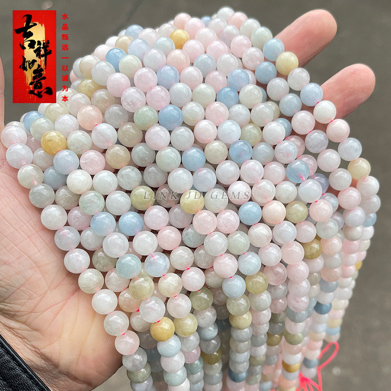 Vòng tay tự làm morganite màu kẹo với hạt tròn từ morganite tự nhiên trong suốt và pha lê - Phụ kiện