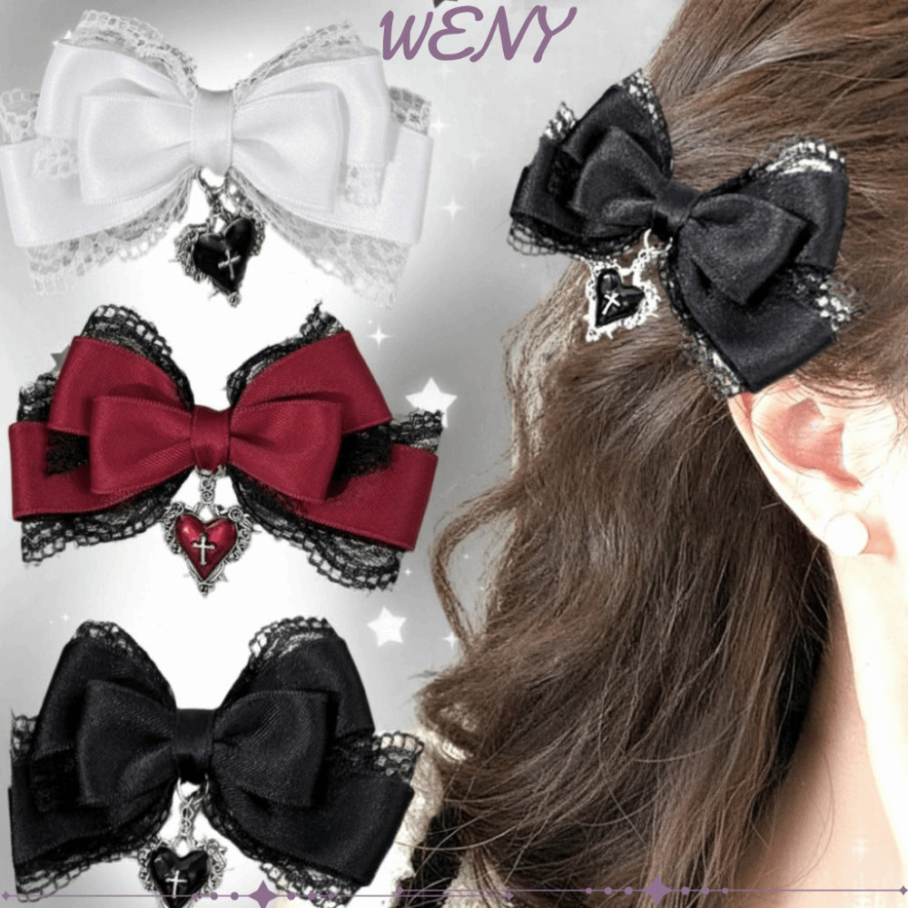 Kẹp Tóc Gothic WENY - Webbing Trái Tim và Mặt Dây Chuyền Nơ Đen, Phù Hợp Style Punk Gothic