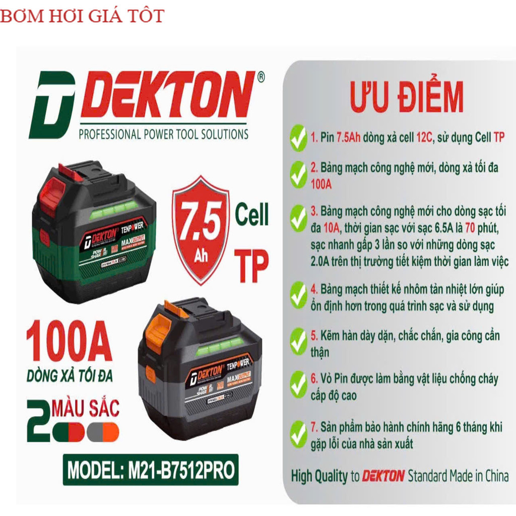 Pin 21V Dekton M21-B7512PRO - Dung lượng 7.5Ah, Dòng Xả 100A, Vỏ chống cháy, Chân pin phổ thông Bơm 