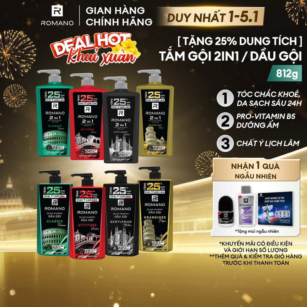   TẶNG 25% DUNG TÍCH  Tắm gội 2in1   Dầu gội cho nam Romano hương Nước hoa 650g tăng 25% dung tích 