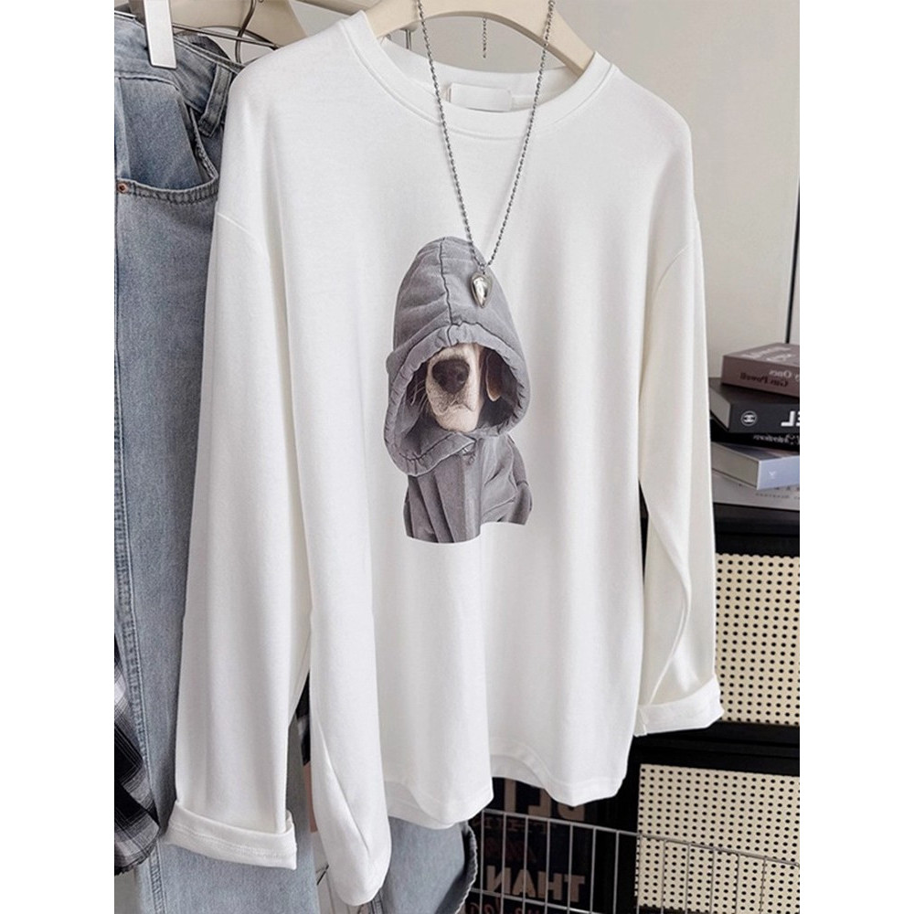 21 món áo thun dài tay cotton nguyên chất 210g cho phụ nữ, áo cơ bản in họa tiết rộng rãi cho mùa xu