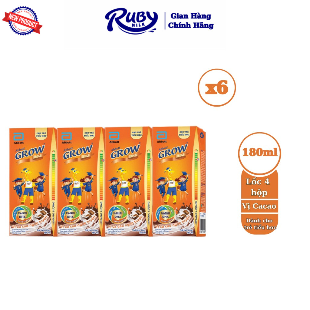 Combo 6 Lốc 4 hộp sữa bột pha sẵn Abbott Grow Gold hương Cacao 180ml/hộp