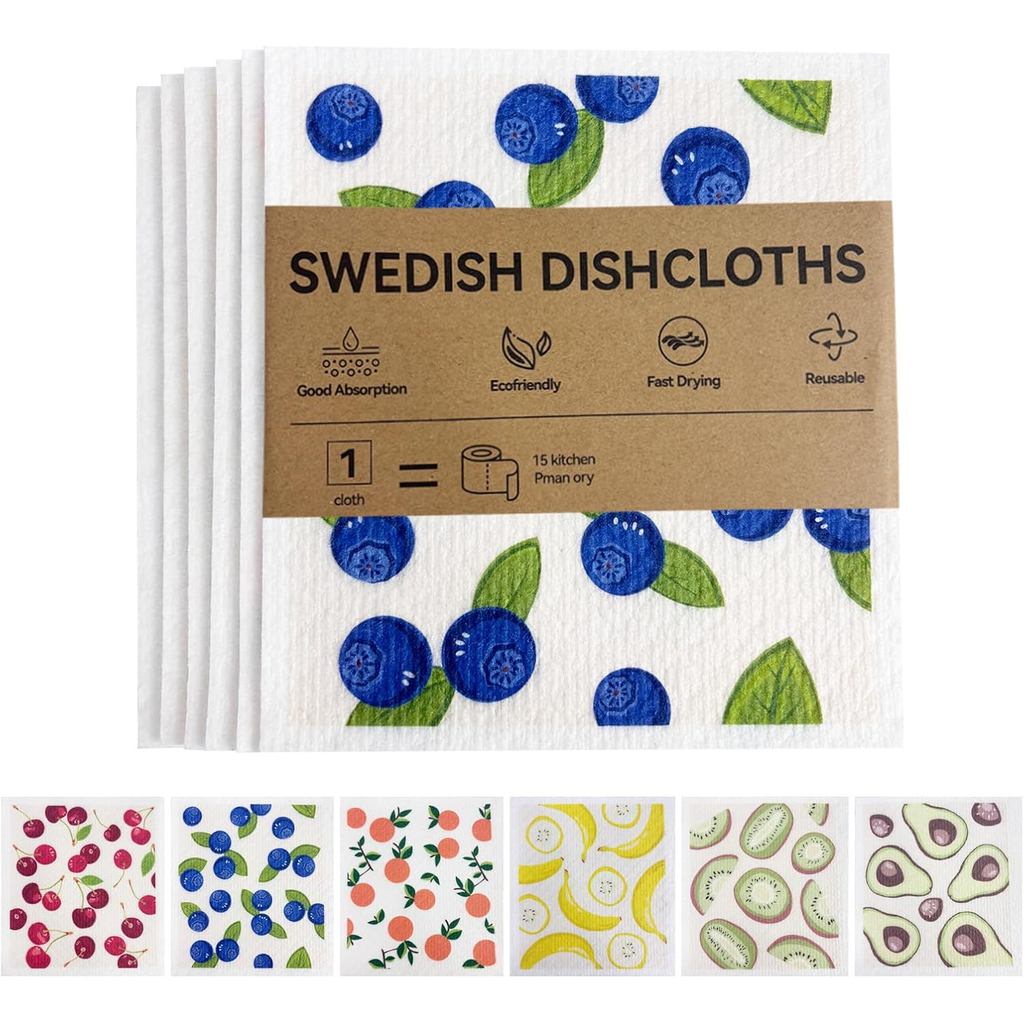 Kitchen Towels Swedish Dishcloths - 6 Count Reusable Paper Towels Washable, Cellulose Sponge Dish To