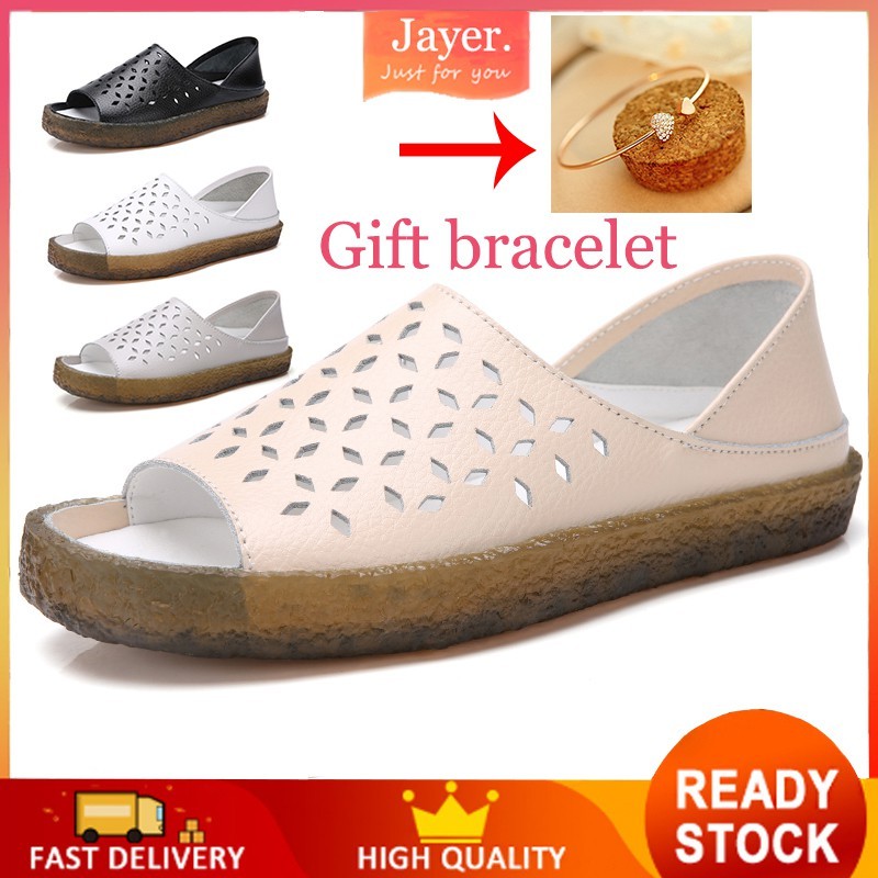 GPT Hàng Sẵn Có Nữ Giày Giá Rẻ Peep Toes Dép Đa Năng Mềm Rỗng Da Plus Size 35-44