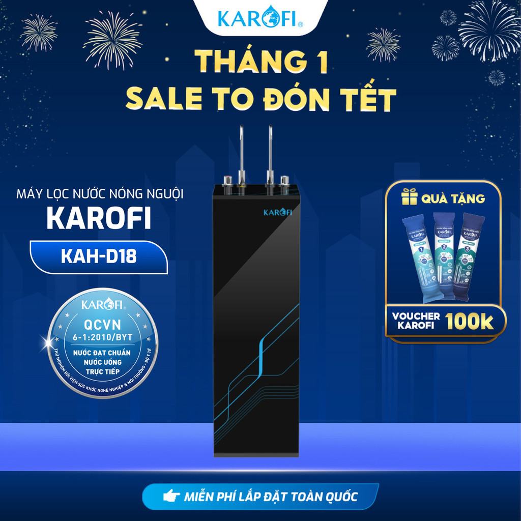 [TẶNG BỘ LÕI] Máy lọc nước NÓNG NGUỘI 11 lõi Karofi KAH-D18 - Gấp 3 Hydro-Ion-Kiềm Lắp đặt toàn quốc